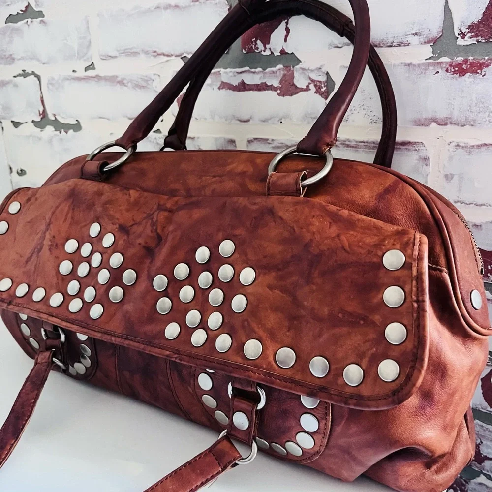 Vintage Steve Madden Studded Leather Shoulder Bag in Distressed Brown - Picture 3 of 11